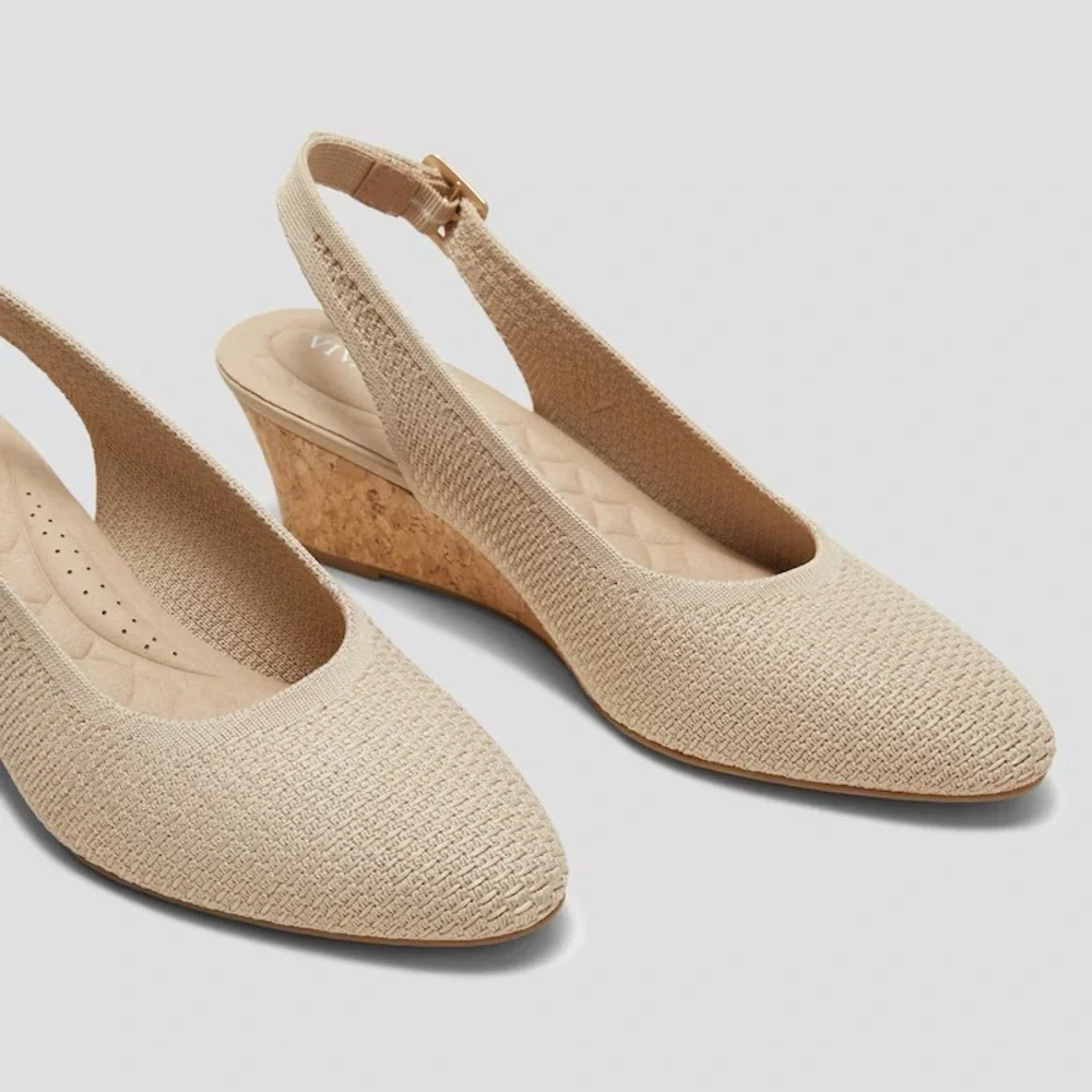 Vivaia Almond Toe Beige Slingback Wedge Tamia in Almond Crochet-Still Full Price
